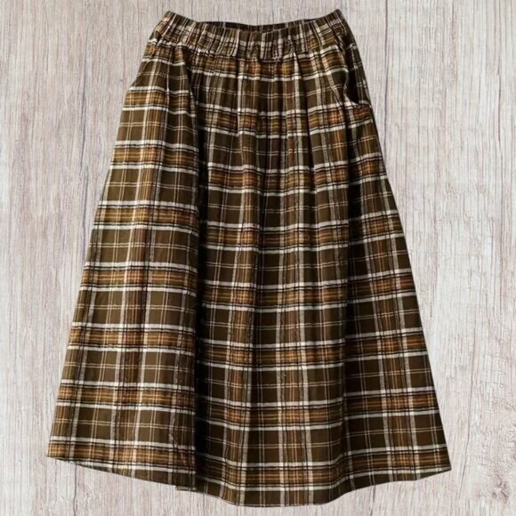 Brown Plaid A-Line Midi Skirt Pockets Size Large Lagenlook Oversize Gather NWT - Picture 4 of 6